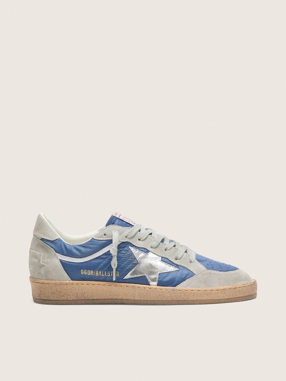 Ball Star homme en nylon bleu denim avec empiècements en cuir velours gris clair et étoile en cuir lamé argenté — Golden Goose