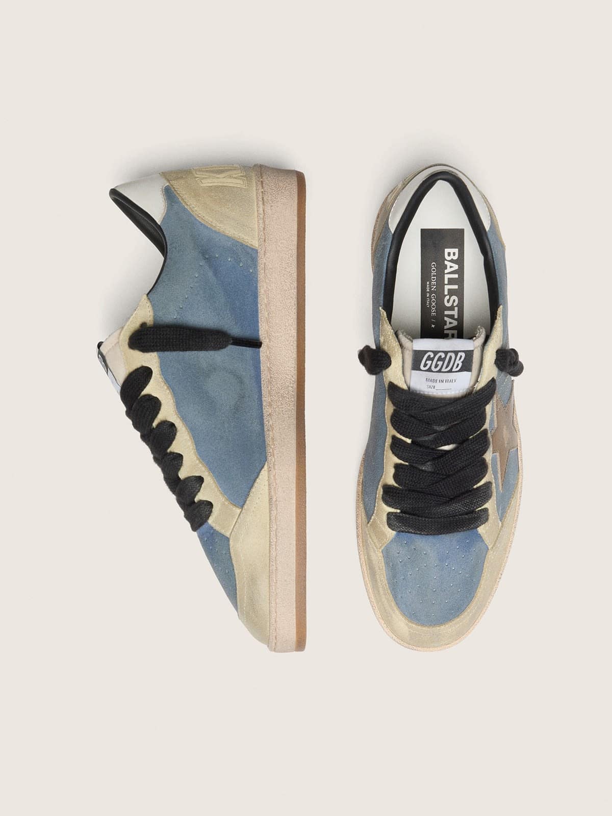 Ball Star LTD homme en cuir velours bleu denim et beige avec &eacute;toile en cuir lam&eacute; dor&eacute;