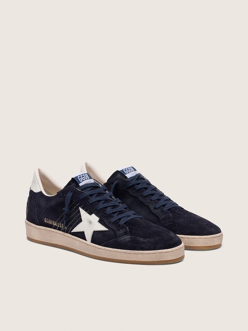 Golden Goose - Ball Star homme en cuir velours bleu fonc&eacute; avec &eacute;toile en cuir blanc in 