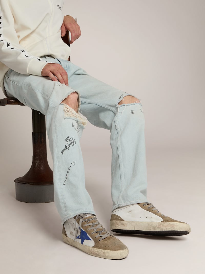 Golden Goose - Mid Star Herren aus blauem Leder mit Eins&auml;tzen aus taubengrauem Rauleder in 