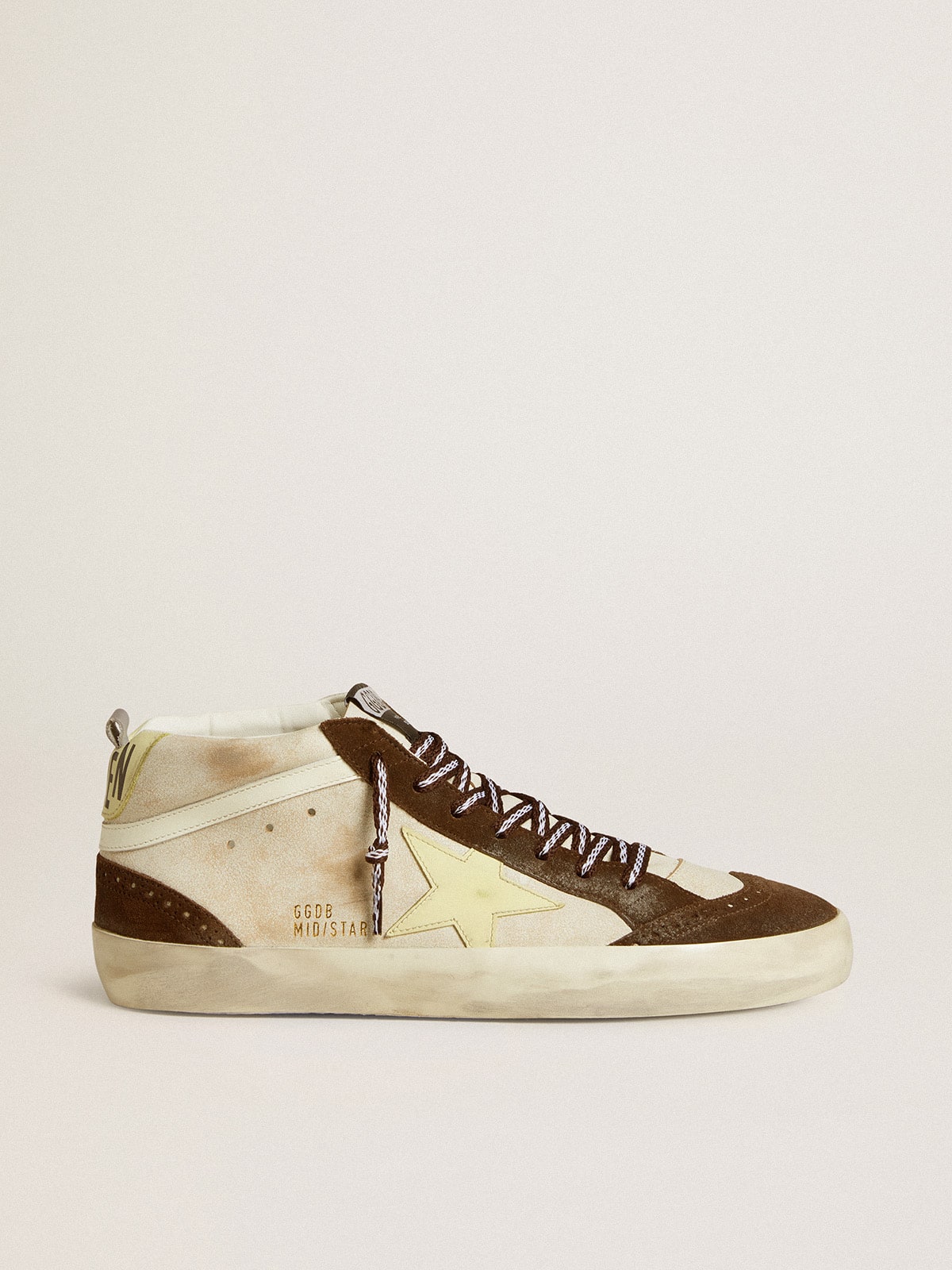 Golden Goose - Mid Star de glitter bege com estrela de suede amarelo e lista de algodão in 