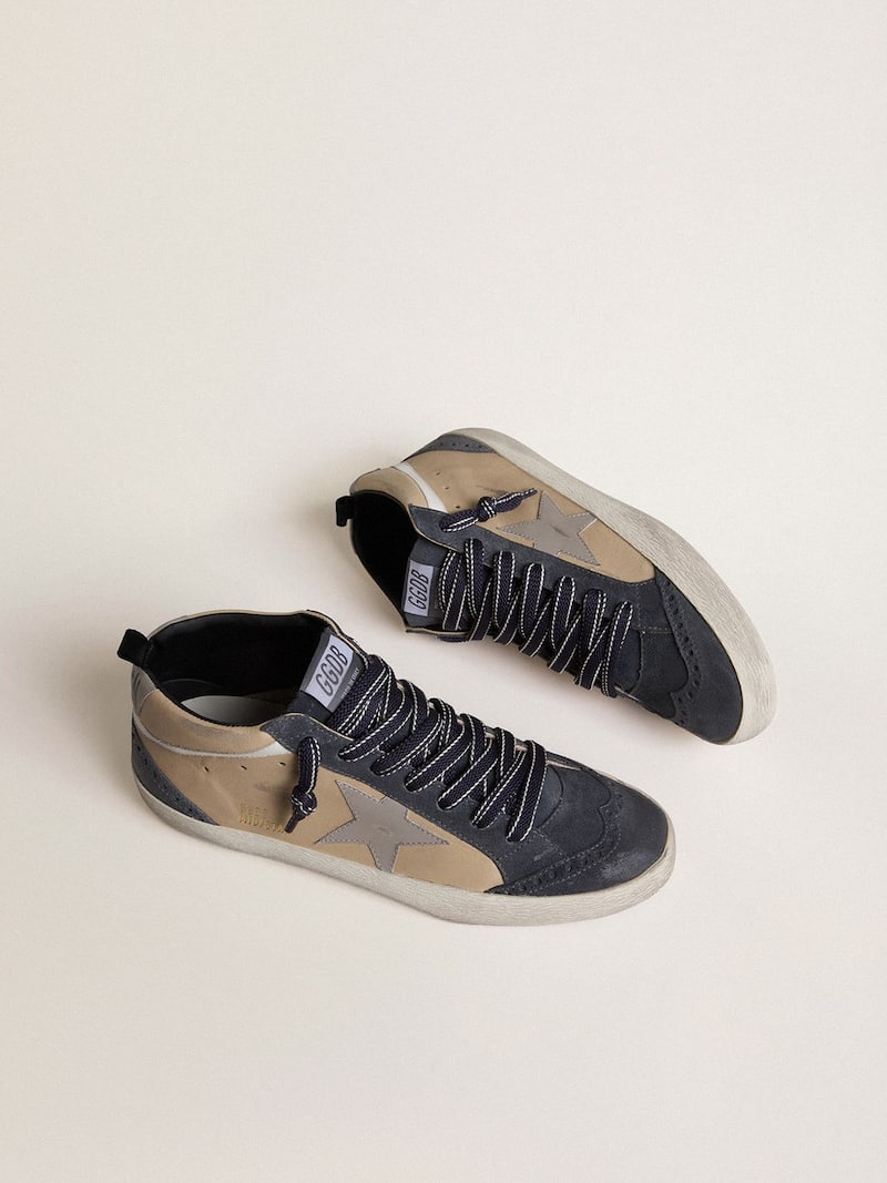 Golden Goose - Mid Star Herren aus beige-blauem Suede mit grauem Nappastern und wei&szlig;em Lederkomma in 