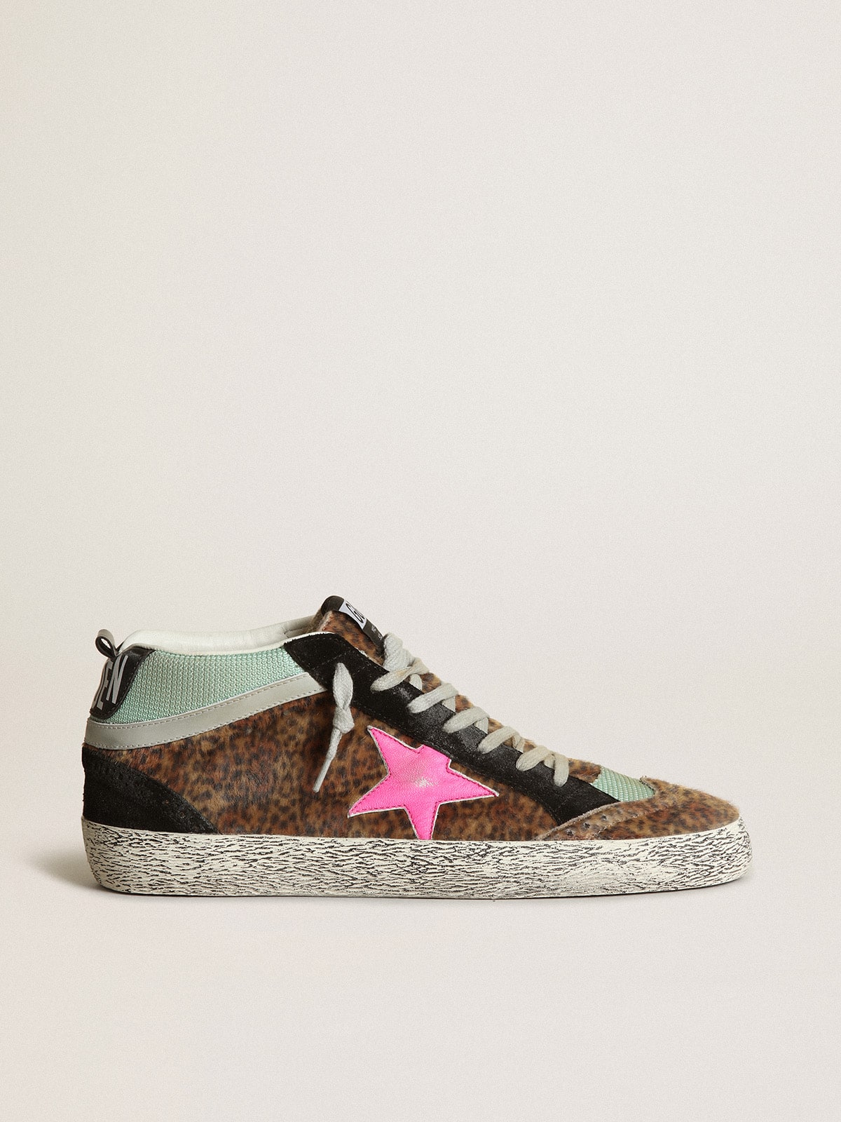 Golden Goose - Mid Star in leopard-print pony skin with fuchsia leather star in 