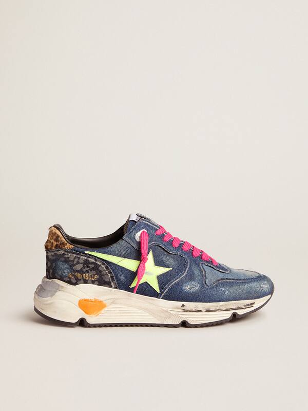 Denim Running Sole sneakers with a fluorescent star and pony skin heel tab  