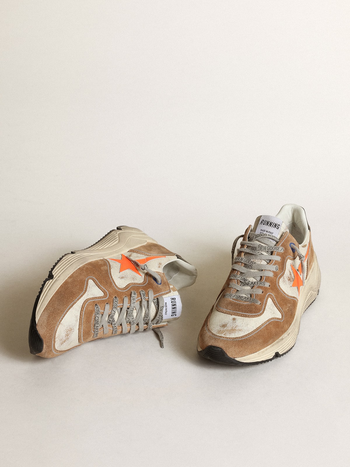 Golden Goose - Men's Running Sole LTD in white glossy leather and tobacco suede in 