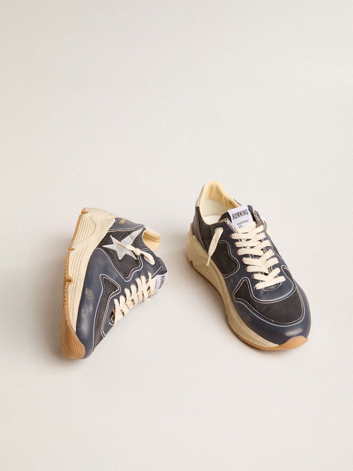Golden Goose - Men’s Running Sole in dark blue nappa leather and black nylon with a silver star in 