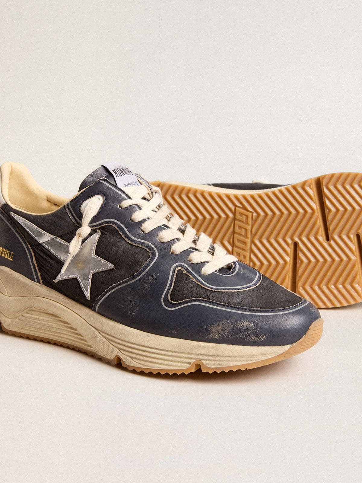 Golden Goose - Men’s Running Sole in dark blue nappa leather and black nylon with a silver star in 