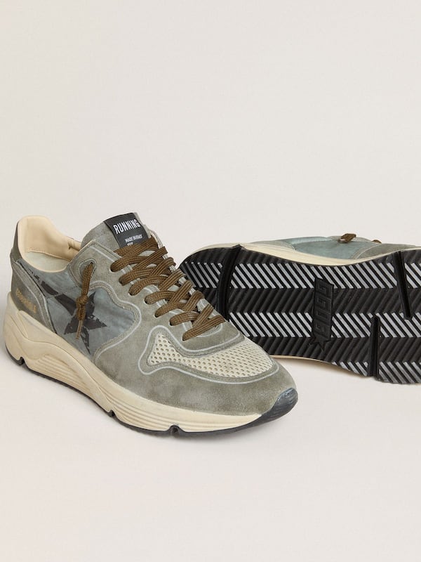 Golden Goose - Men's Running Sole in light blue nylon with black star and green leather heel tab in 