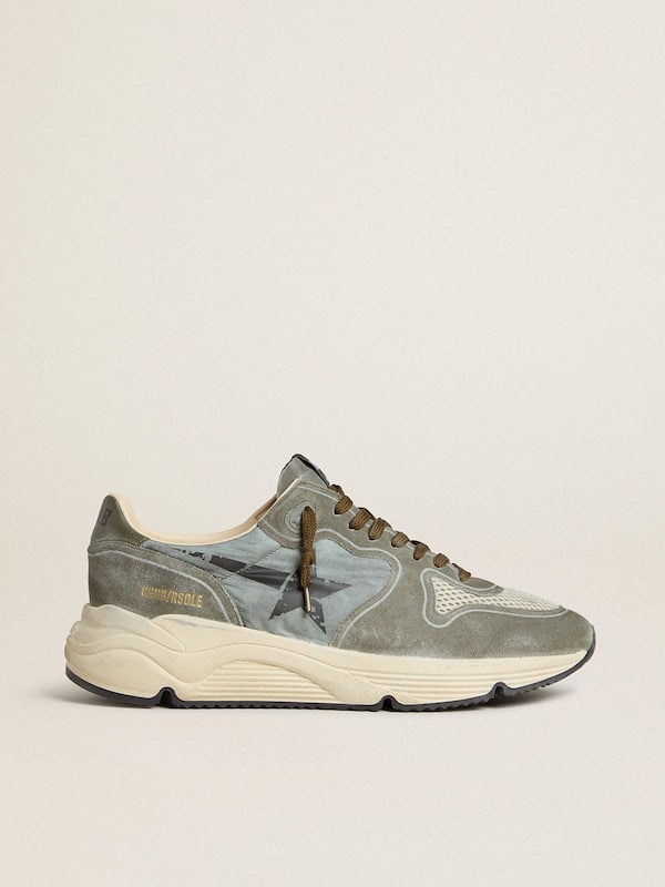 Golden Goose - Men's Running Sole in light blue nylon with black star and green leather heel tab in 