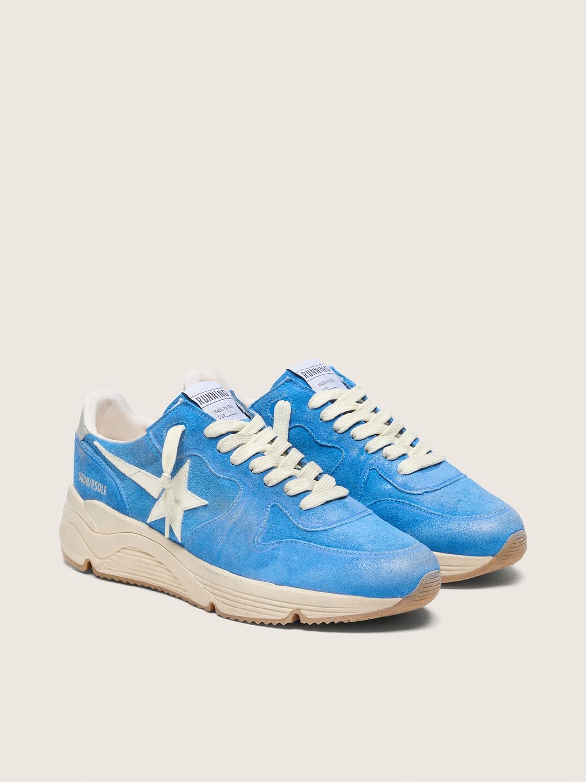 Running Sole homme en cuir velours bleu &eacute;lectrique avec &eacute;toile blanche