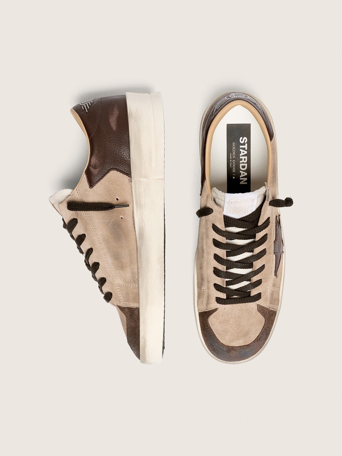 Golden Goose - Stardan uomo in suede beige con stella e inserti color marrone in 