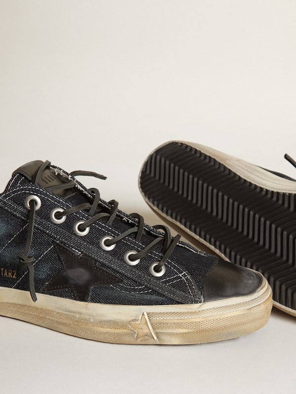 Golden Goose - V-Star sneakers in midnight-blue denim with black leather star and toe in 