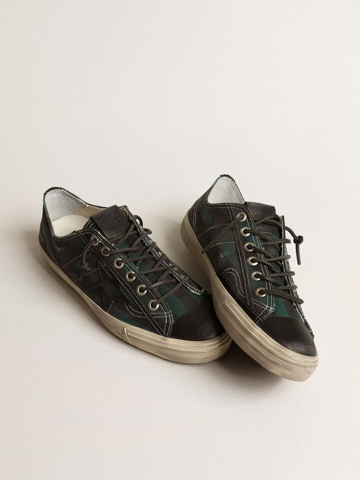 Golden Goose - Men's V-Star in black and green striped canvas with black leather star and toe in 