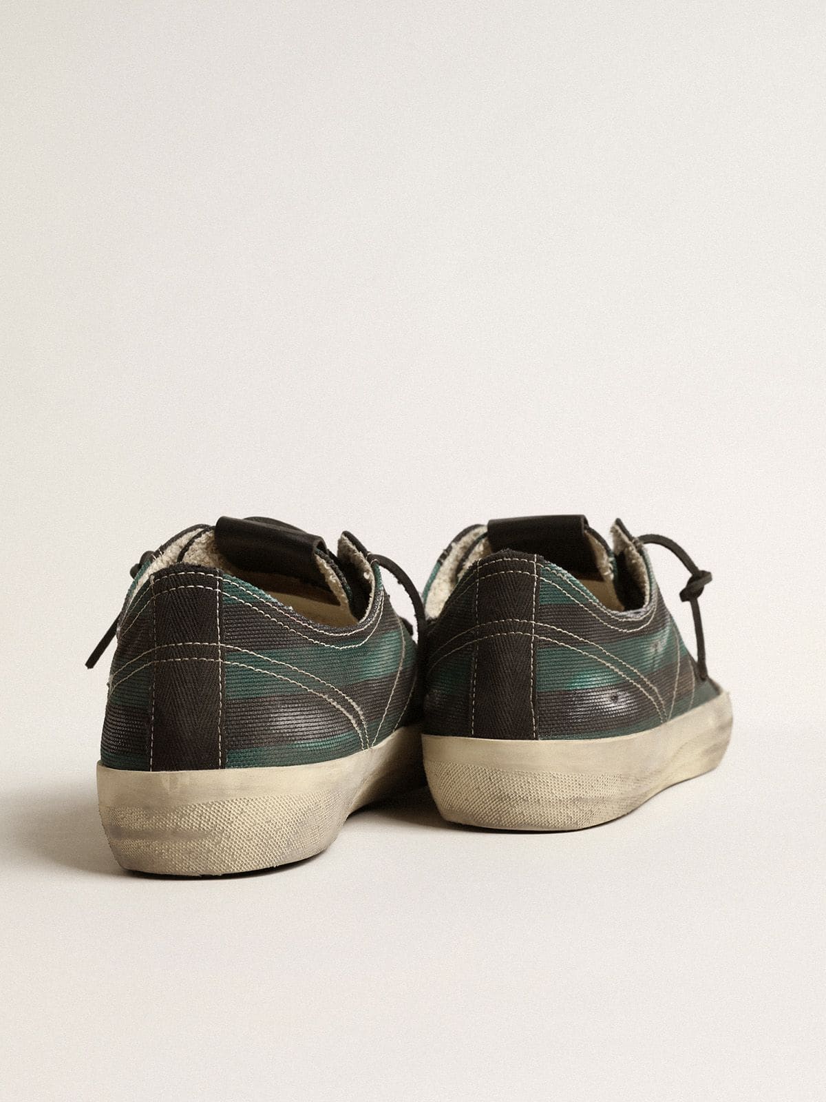 Golden Goose - Men's V-Star in black and green striped canvas with black leather star and toe in 
