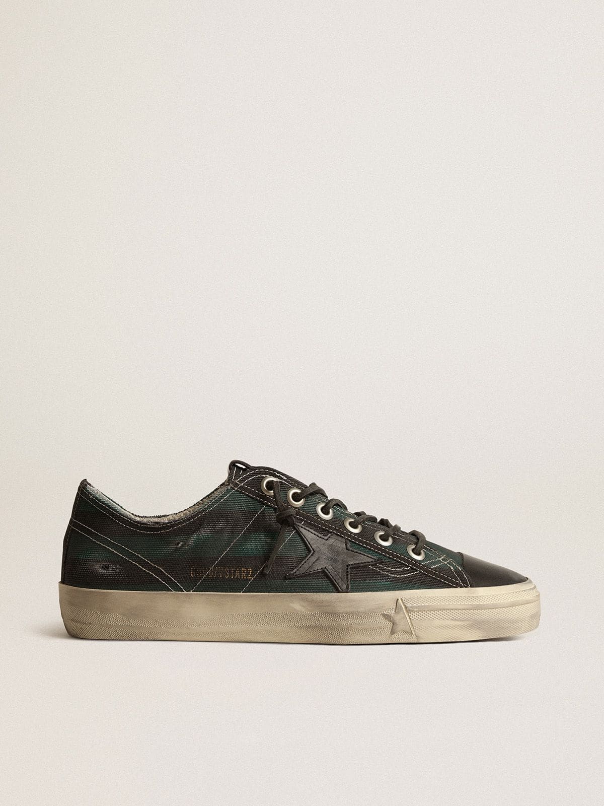 Golden Goose - Men's V-Star in black and green striped canvas with black leather star and toe in 