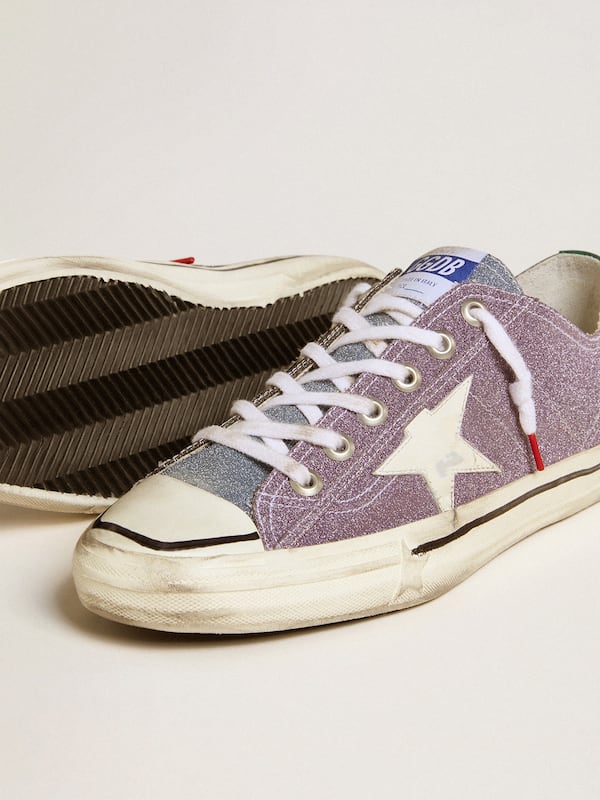 Golden Goose - Men’s V-Star LAB in lilac leather and glitter with white star and silver glitter tongue in 