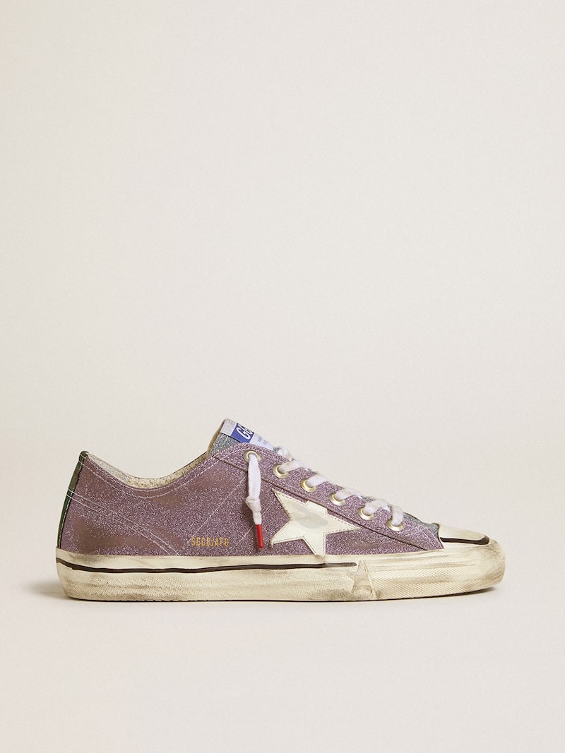 Men’s V-Star LAB in lilac leather and glitter with white star and silver glitter tongue