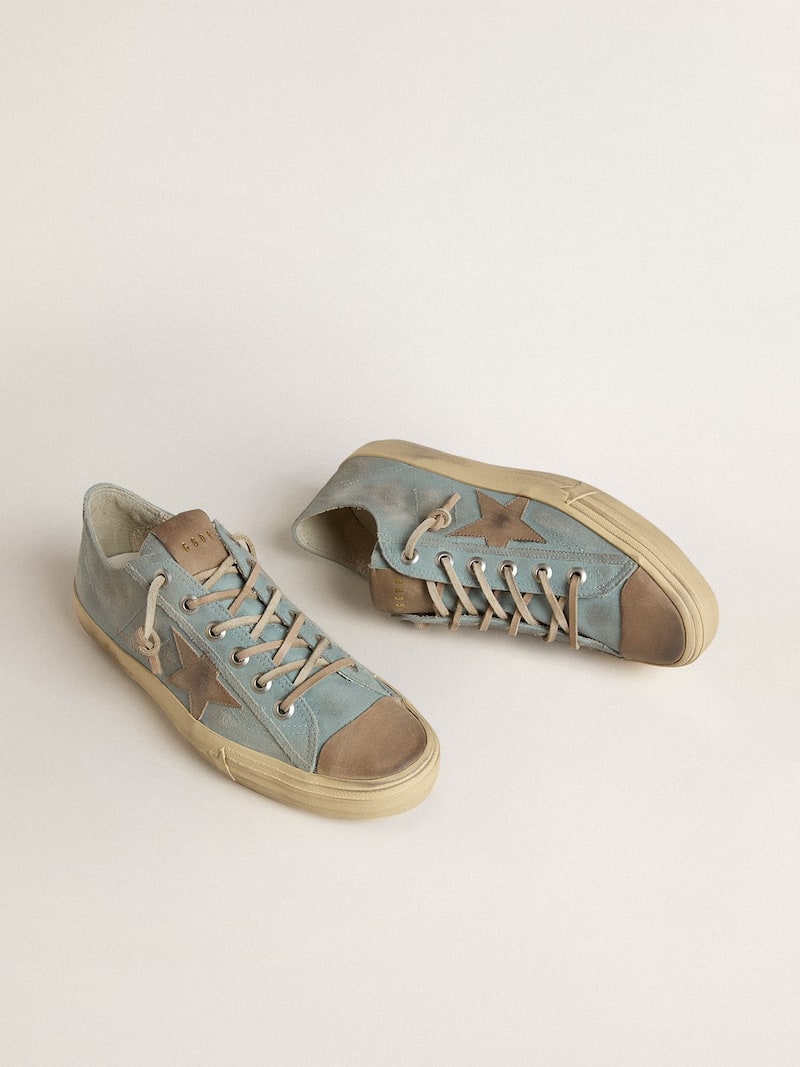 Golden Goose - V-Star de hombre de lona celeste con estrella de piel color gris paloma in 