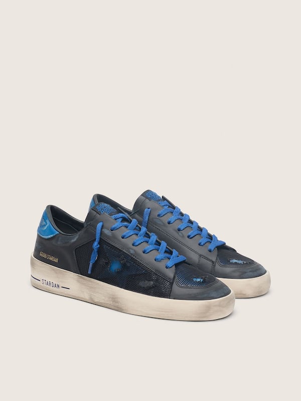 Golden Goose Men's Stardan in black leather with blue star and black distressed mesh Stardan black man