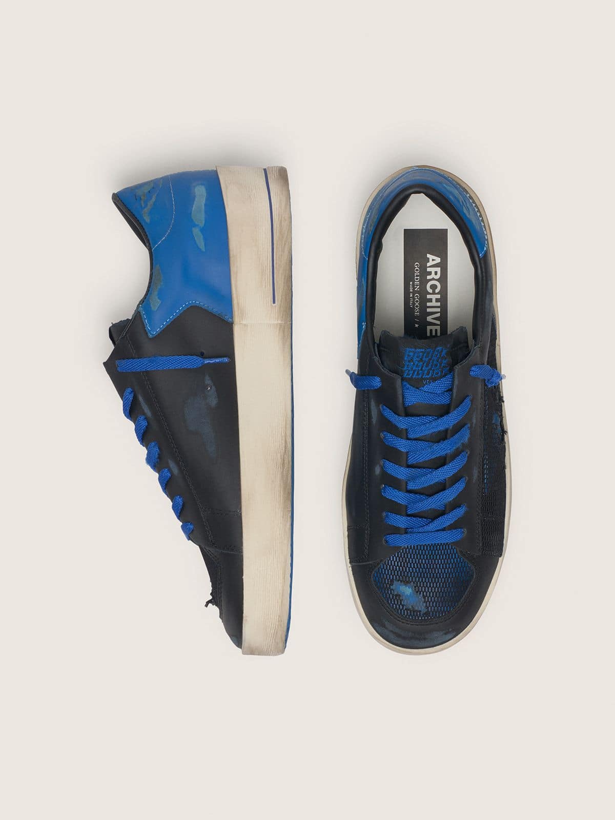 Men's Stardan in black leather with blue star and black distressed mesh