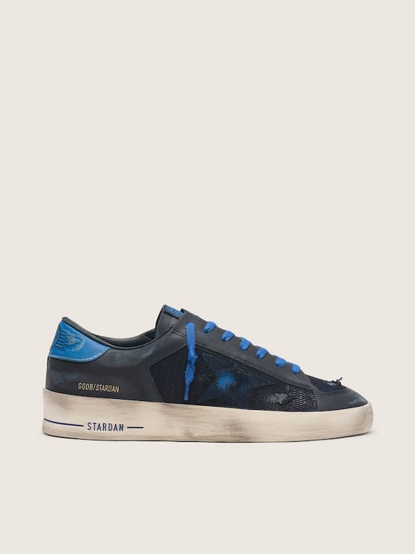 Golden Goose Men's Stardan in black leather with blue star and black distressed mesh Stardan black man