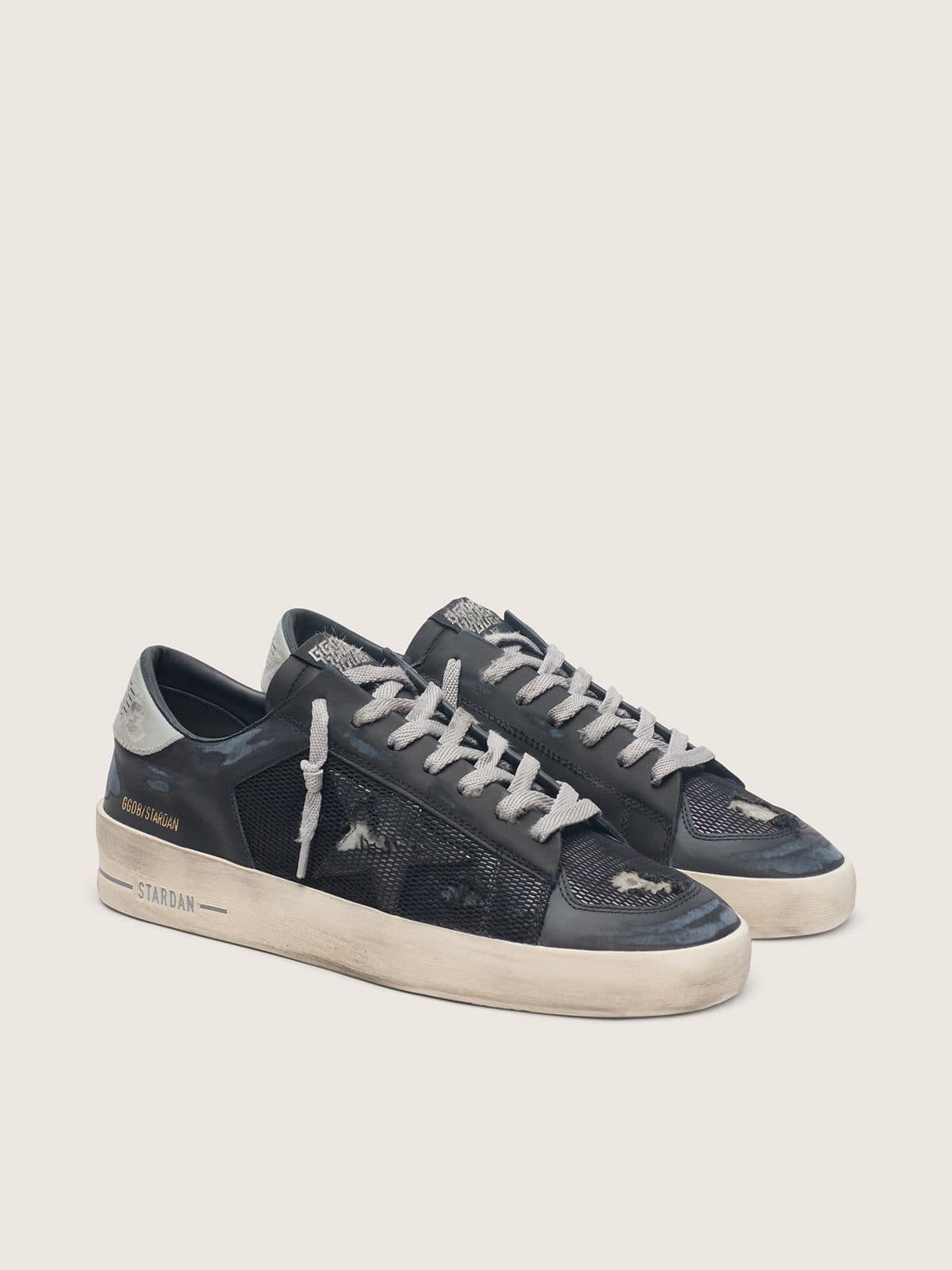 Men's Stardan in black leather with gray star and black distressed mesh