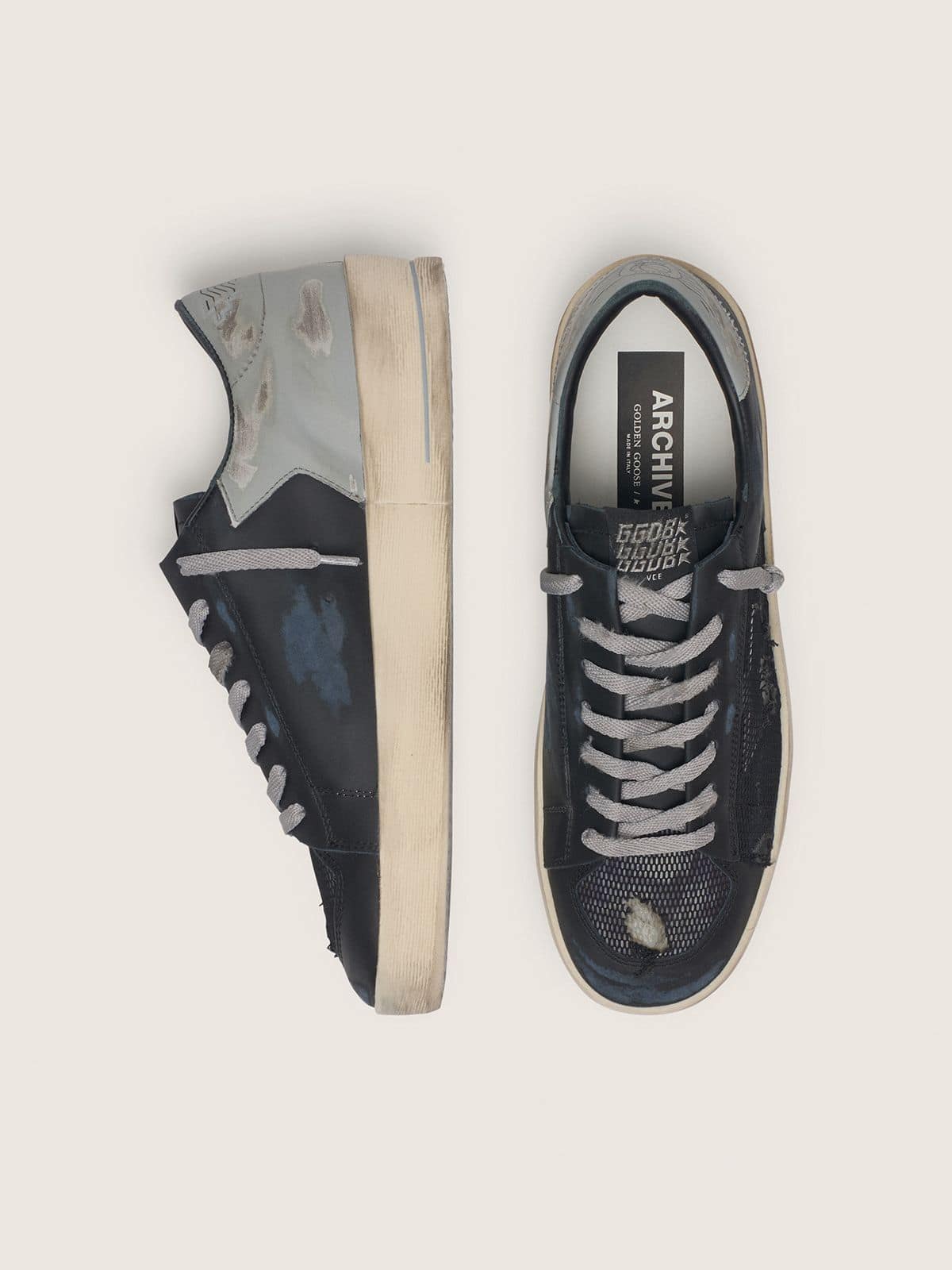 Men's Stardan in black leather with gray star and black distressed mesh