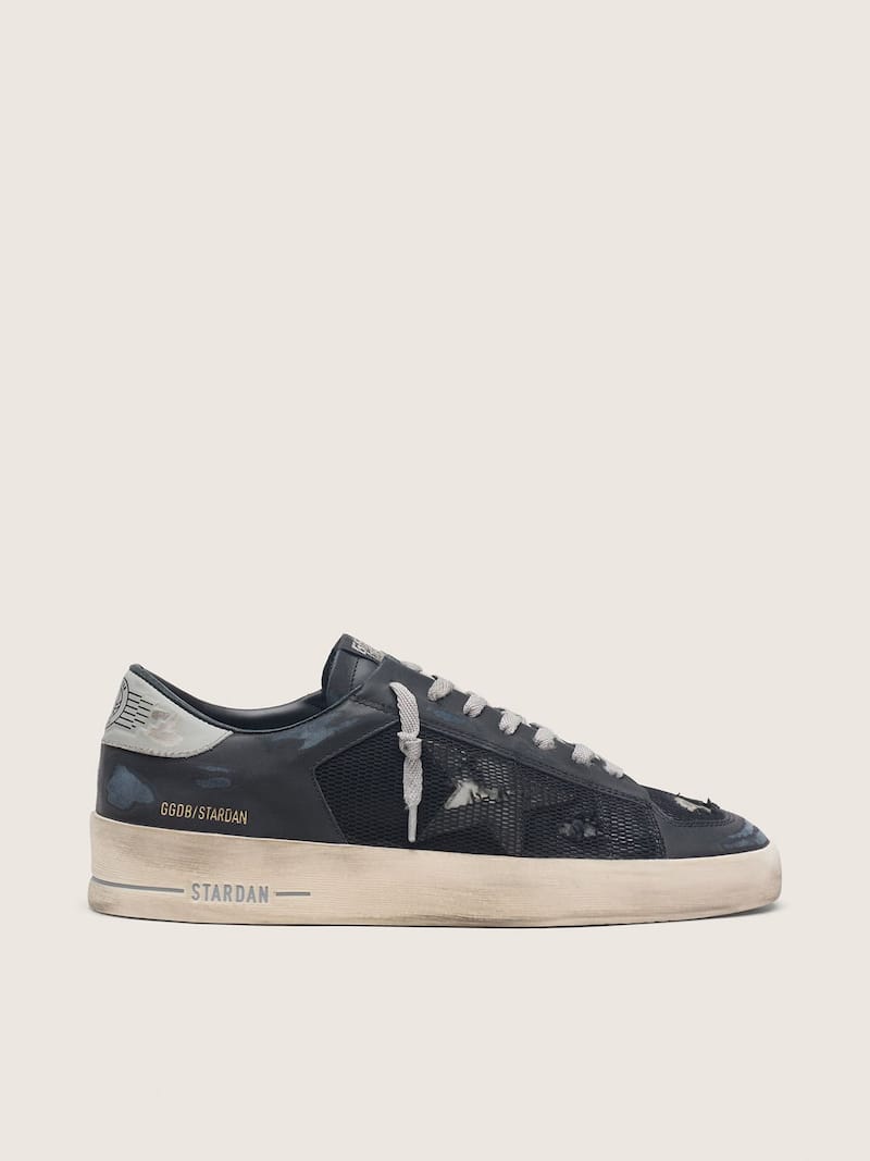 Golden Goose Men's Stardan in black leather with gray star and black distressed mesh Stardan black man