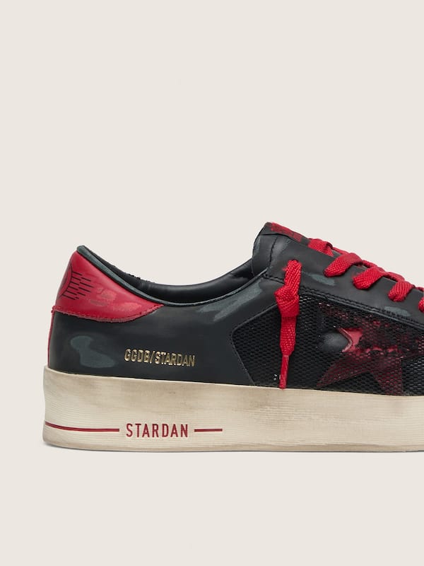 Golden Goose - Men&rsquo;s Stardan in black leather with red star and black mesh and red leather inserts in 