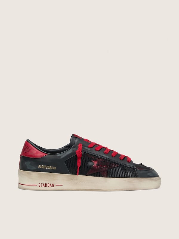 Golden Goose - Men&rsquo;s Stardan in black leather with red star and black mesh and red leather inserts in 