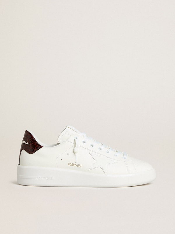 Golden Goose - Men’s Purestar with white leather star and burgundy croc-print leather heel tab in 