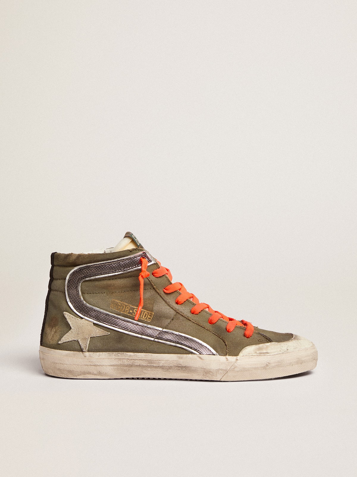 Golden Goose - Slide Penstar in army green canvas with an ice-colored star in 