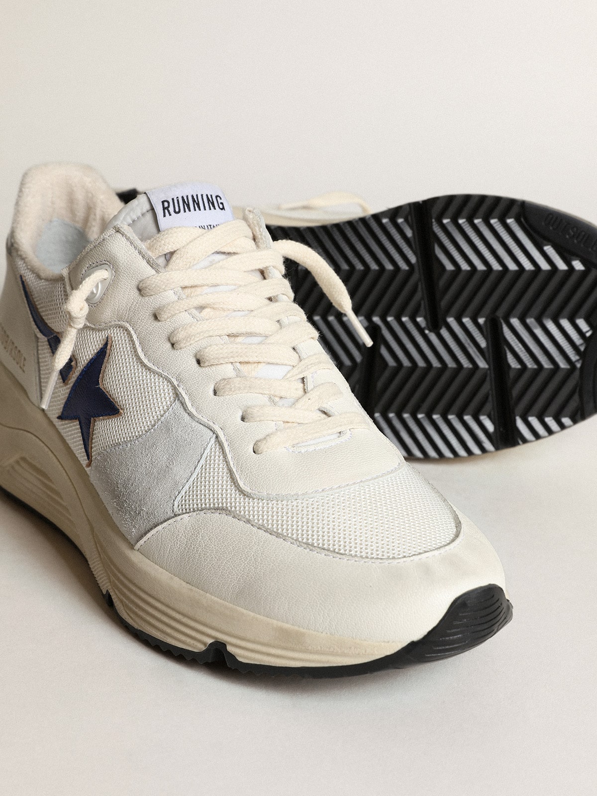 Golden Goose - Running Sole in white leather and mesh with blue laminated leather star  in 