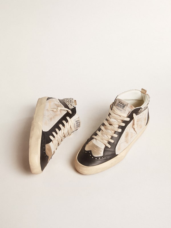 Golden Goose - Men’s Mid Star LTD in black and white leather with pearls and perforated star in 