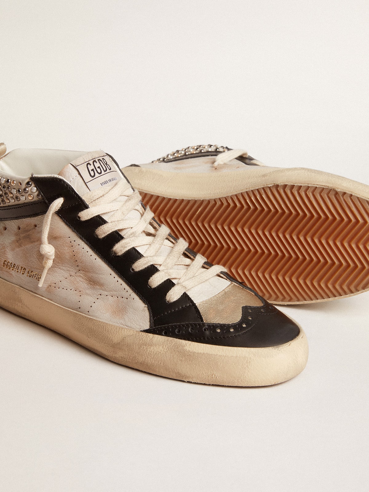 Golden Goose - Men’s Mid Star LTD in black and white leather with pearls and perforated star in 