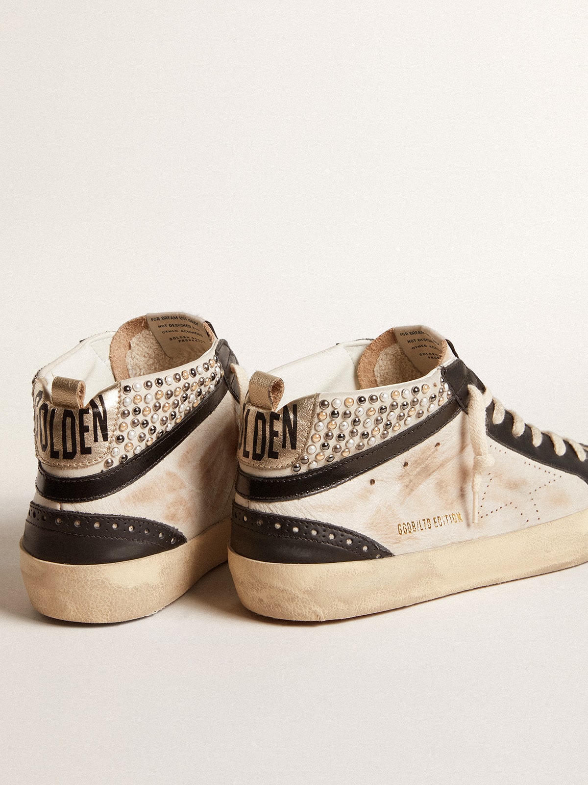 Golden Goose - Men’s Mid Star LTD in black and white leather with pearls and perforated star in 