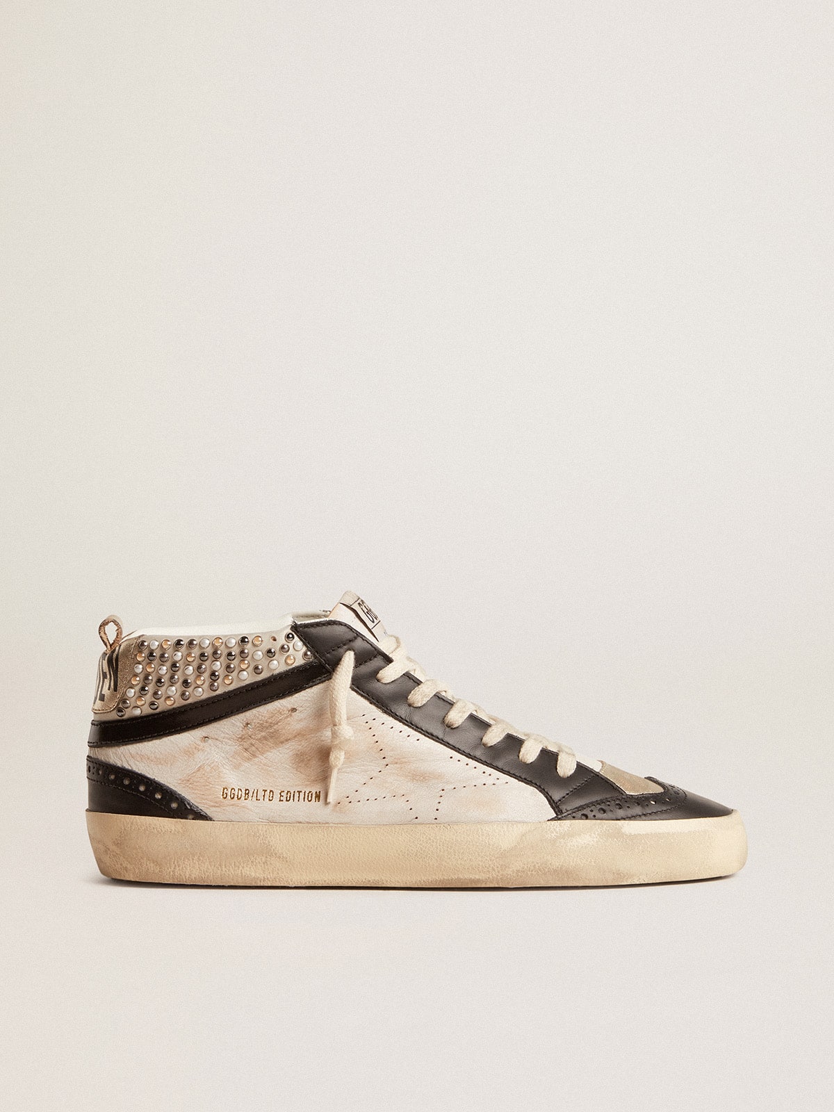 Golden Goose - Men’s Mid Star LTD in black and white leather with pearls and perforated star in 