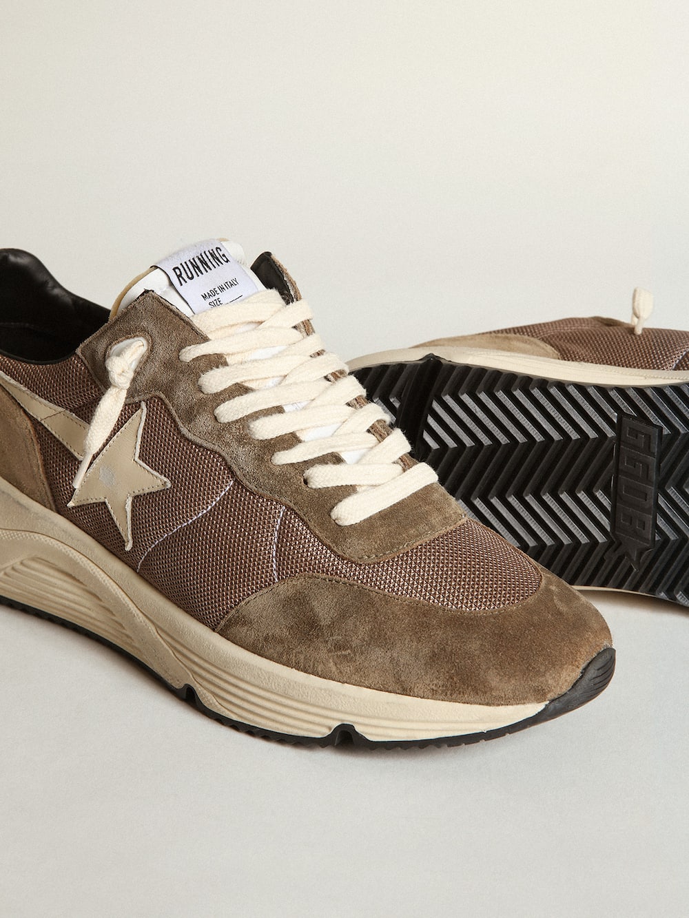 Golden Goose - Men's Running Sole in olive green mesh and leather with cream star in 