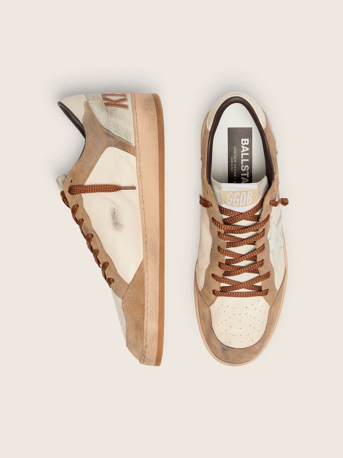 Golden Goose - Ball Star LTD uomo in pelle bianca e suede color tabacco con stella bianca in 