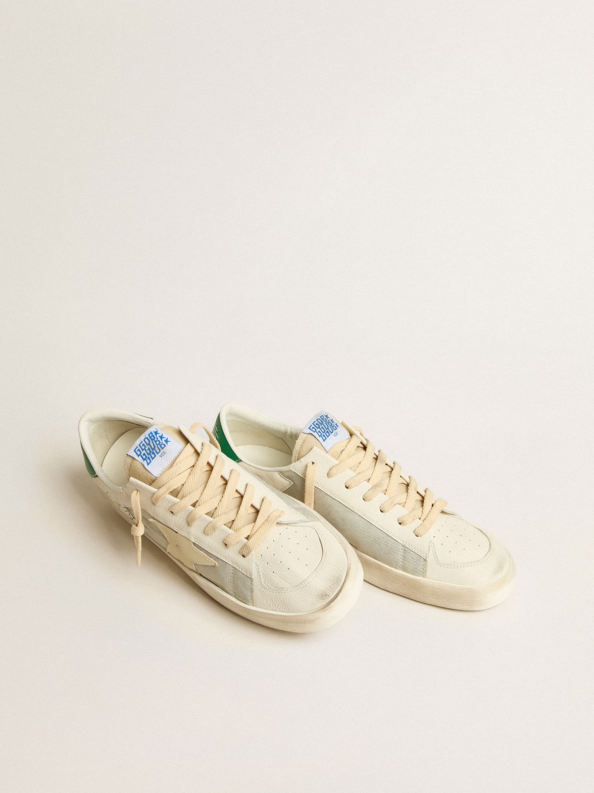 Golden Goose - Stardan in nappa leather and ripstop fabric with cream star and green heel tab in 