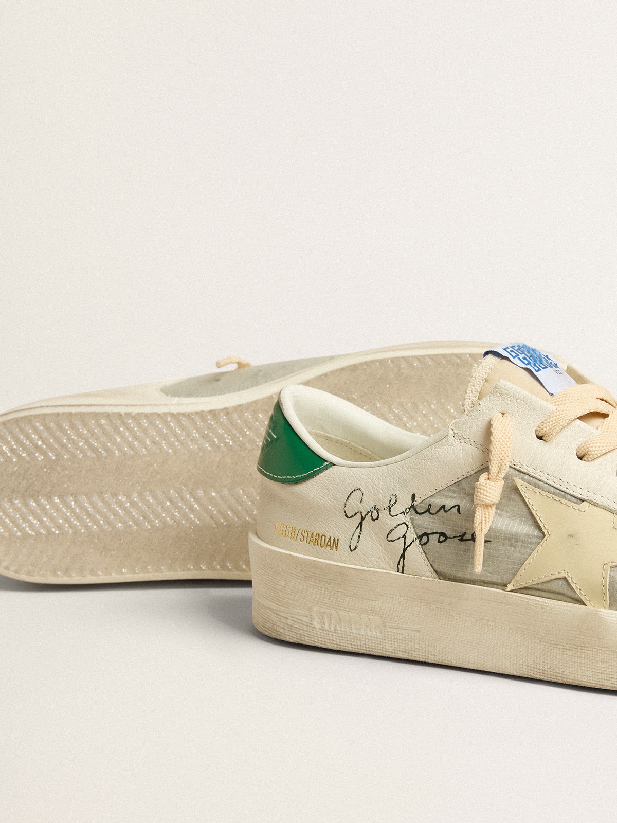 Golden Goose - Stardan in nappa leather and ripstop fabric with cream star and green heel tab in 