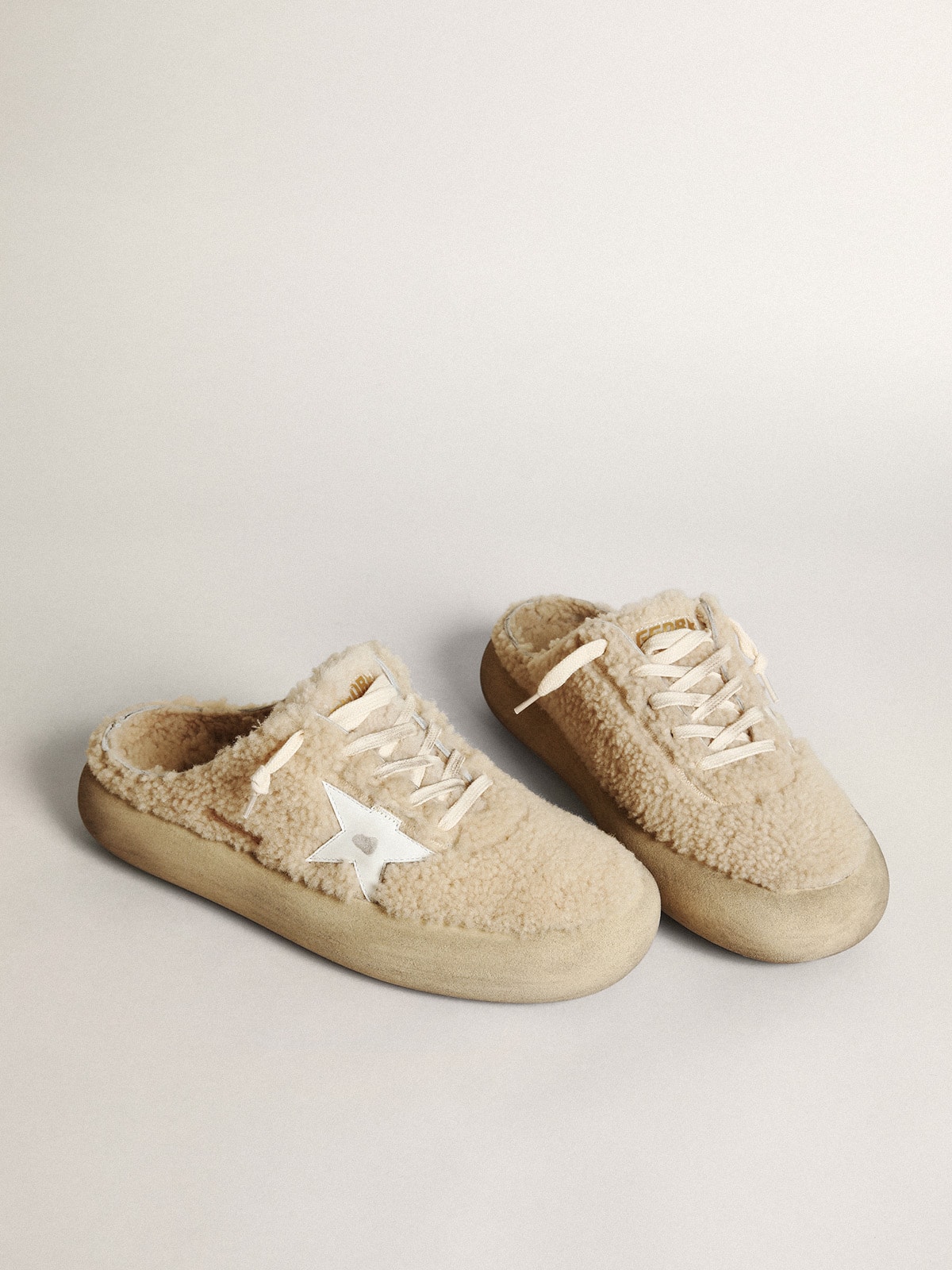 Golden Goose - Men’s Space-Star Sabots in beige shearling with white leather star in 