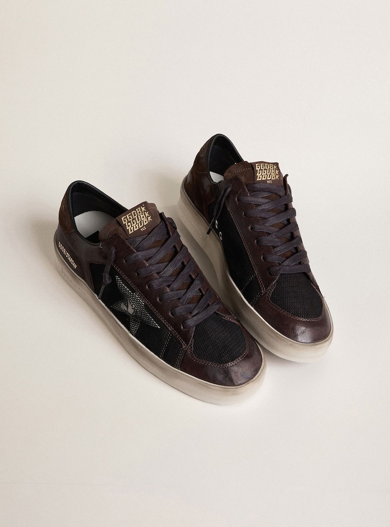 Golden Goose - Stardan pour homme en cuir velours marron et r&eacute;sille noire avec &eacute;toile en cuir blanc et empi&egrave;cements en cuir nappa in 