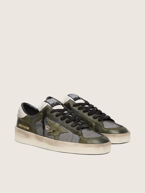 Stardan LTD homme en cuir blanc et vert olive avec r&eacute;sille noire et &eacute;toile en cuir jaune