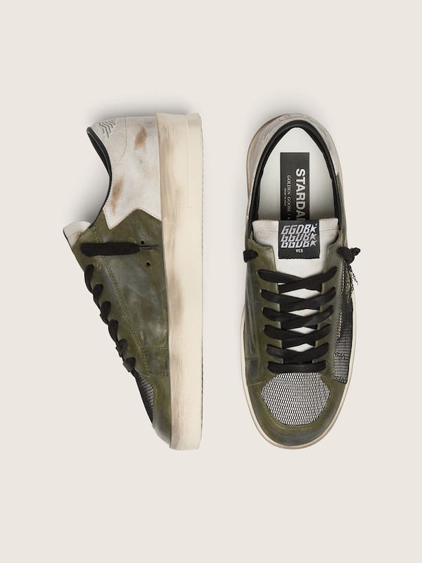 Stardan LTD homme en cuir blanc et vert olive avec r&eacute;sille noire et &eacute;toile en cuir jaune