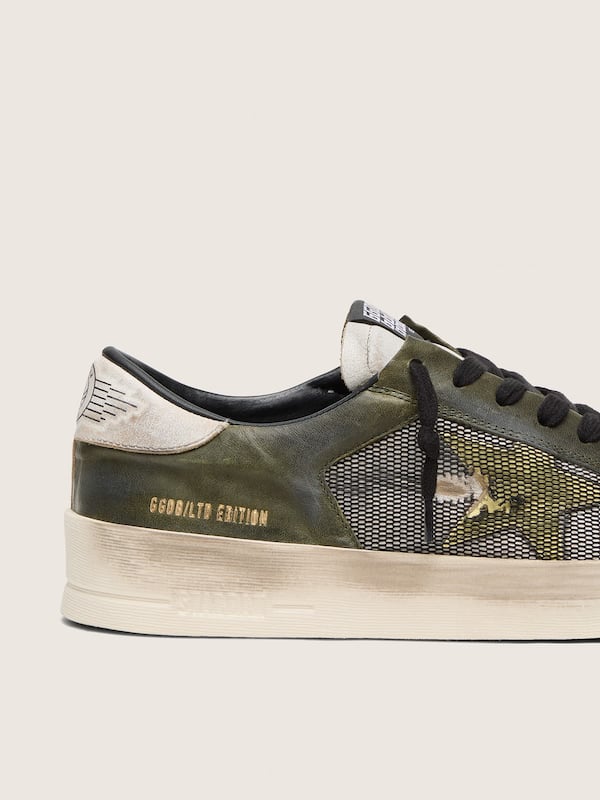 Golden Goose - Stardan LTD uomo in pelle bianca e verde oliva con rete nera e stella in pelle gialla in 