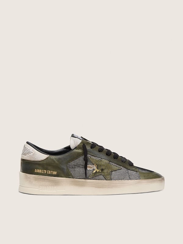 Golden Goose - Stardan LTD uomo in pelle bianca e verde oliva con rete nera e stella in pelle gialla in 