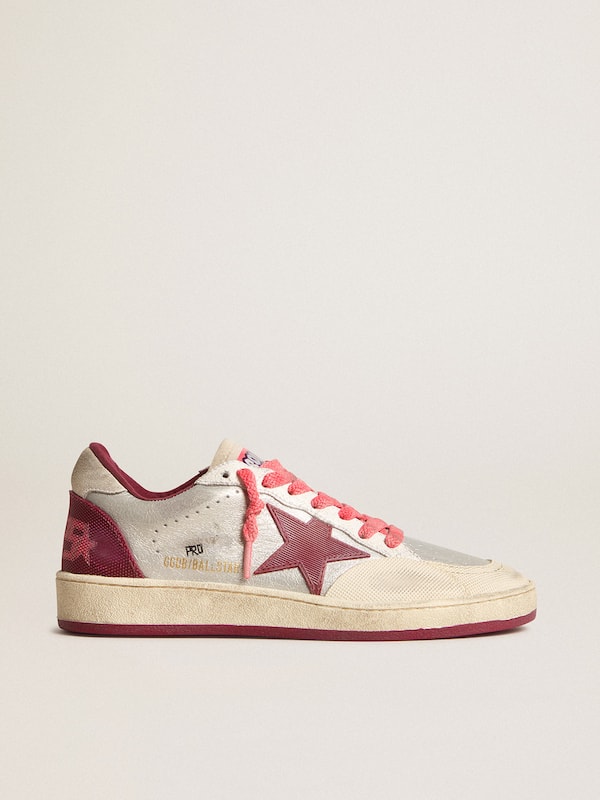 Golden Goose - Men’s Ball Star Pro in silver crackle leather with burgundy star in 