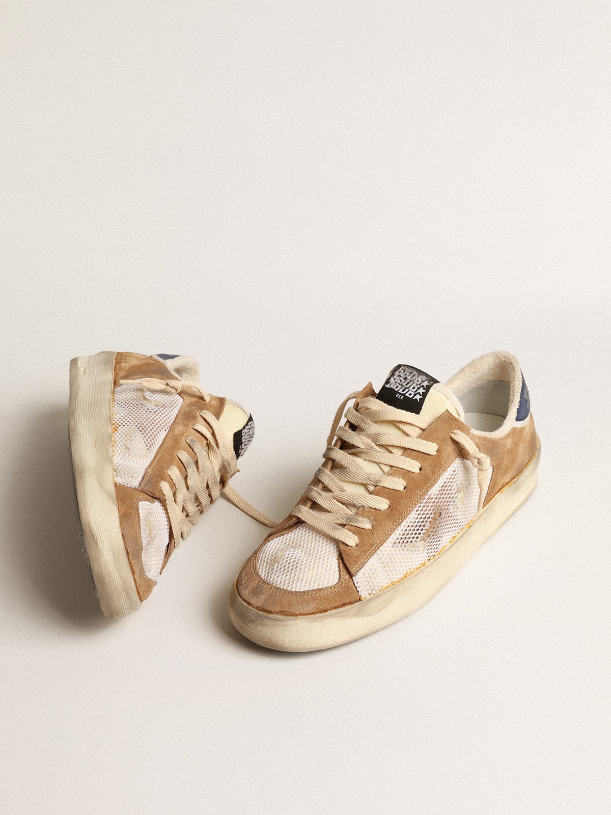 Golden Goose - Stardan de nailon y malla beige con aplicaciones de ante tabaco in 