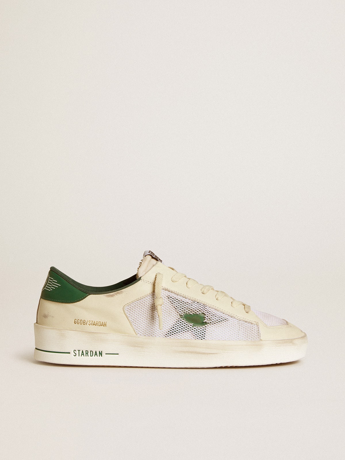 Stardan in white suede and mesh with green leather star and